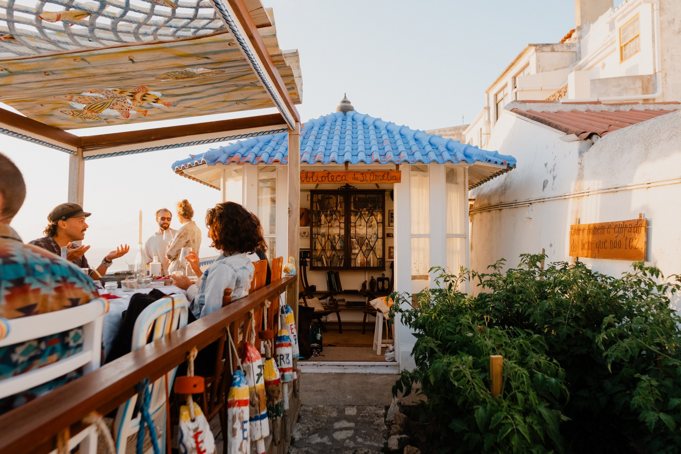Courtyard gathering at sunset