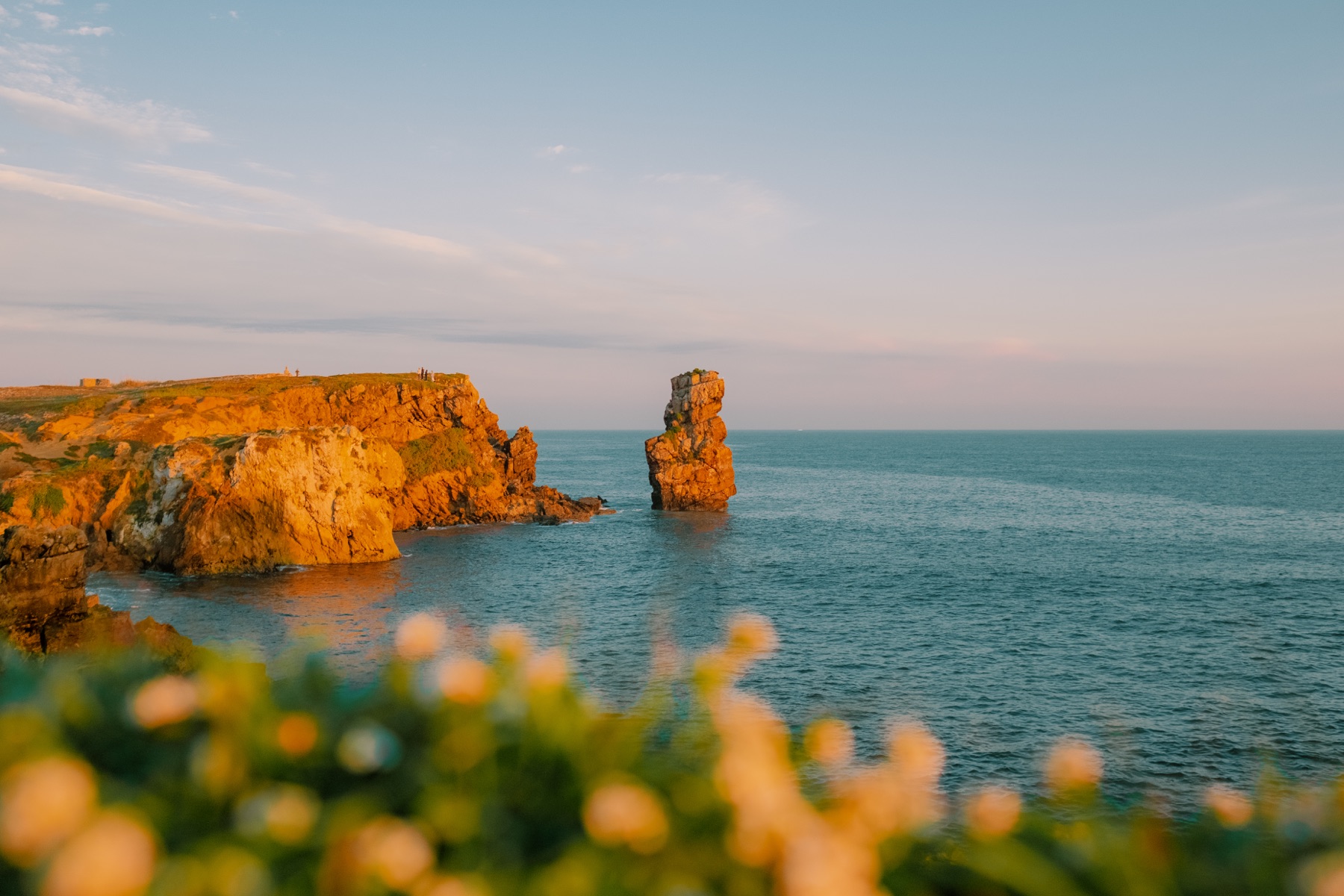 Sunlit Atlantic cliffs and sea stack