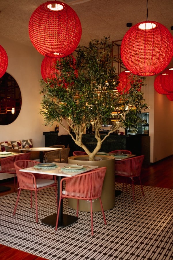 Restaurant interior with red woven lights